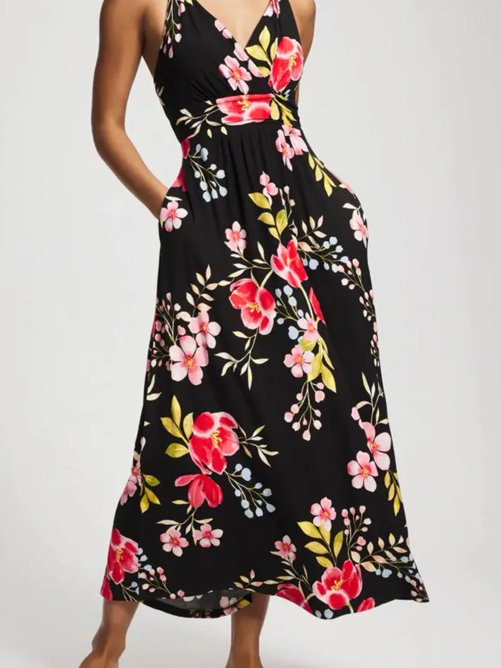 Soma NWT Soft Jersey Cross Back Black Floral Maxi Dress with Pockets XL